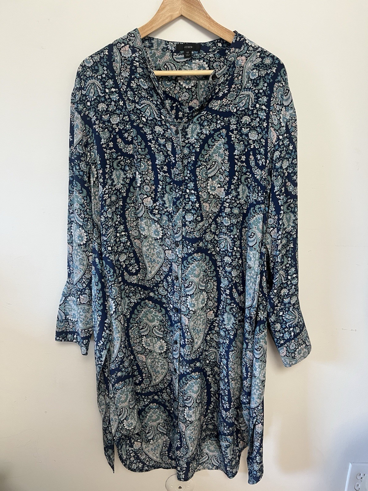 J.Crew 100% Silk Midi Tie Front Shirt Dress Blue Paisley Size 12 NWOT $228