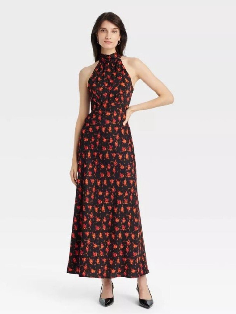 A New Day black and red floral midi halter dress