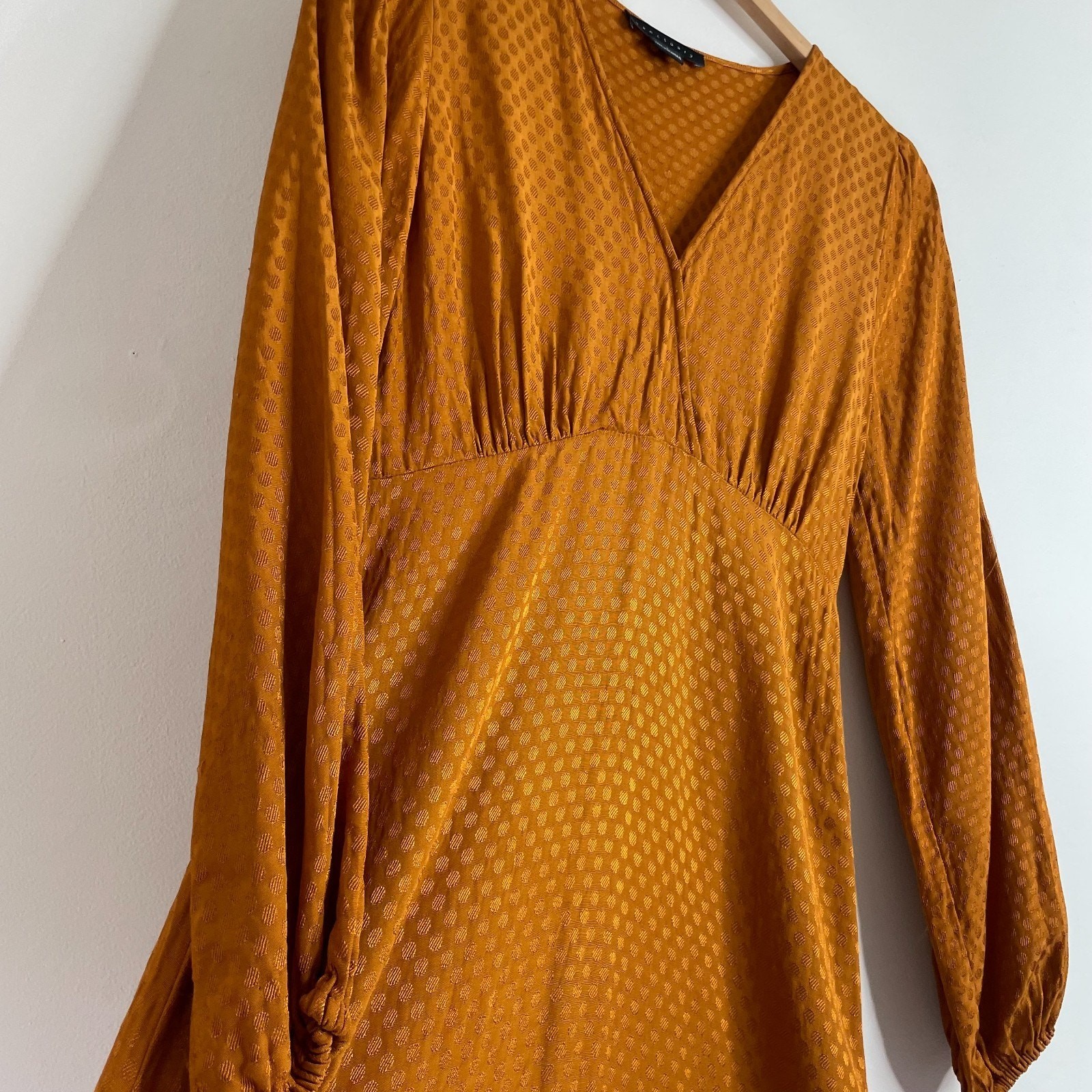 Sanctuary Empire Waist Midi Dress Size 2 Mustard Polka Dot Quiet Luxury Office