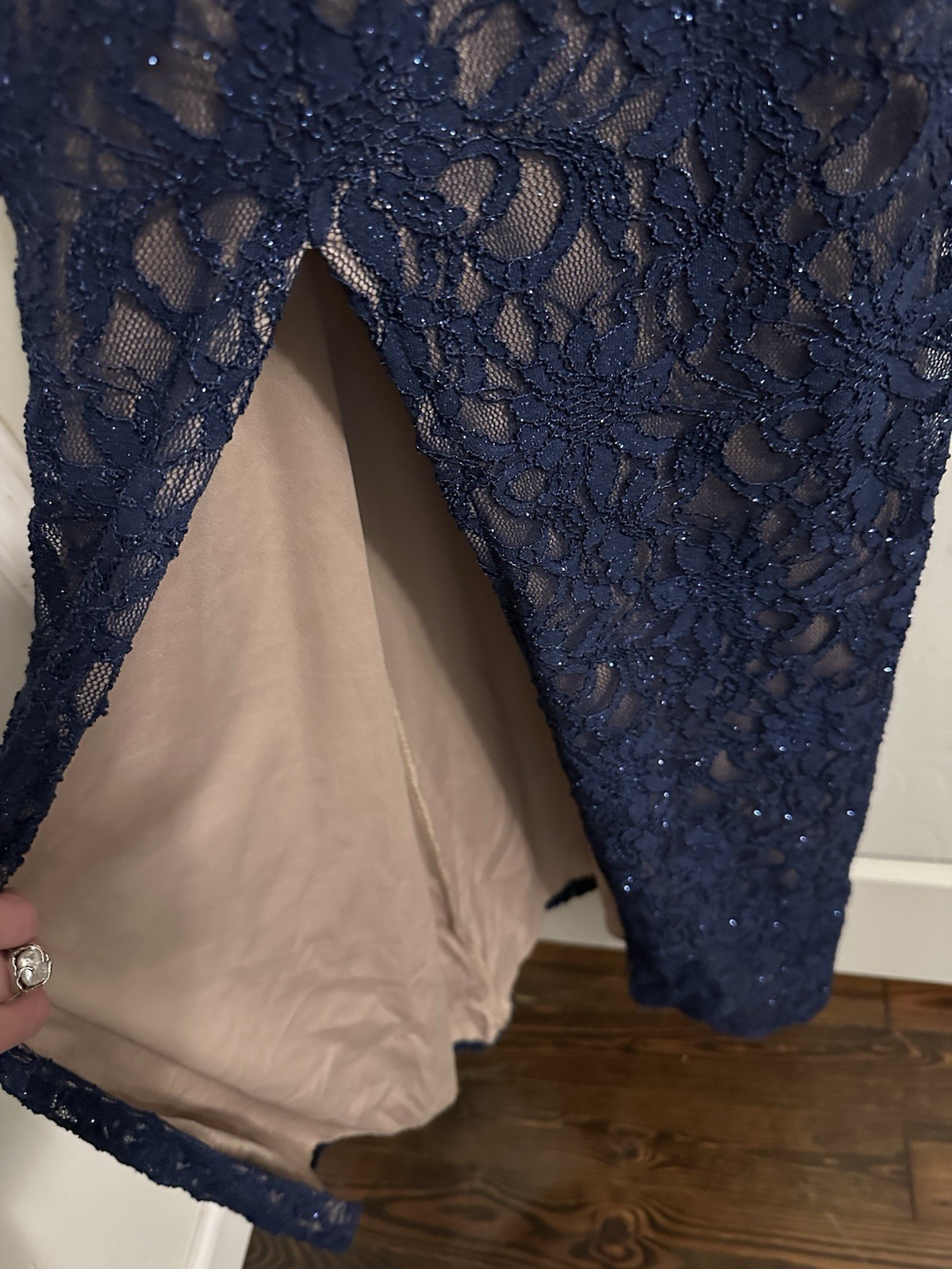 B Darlin Size 11/12 Formal Dress, Navy Blue With Gold Underlay