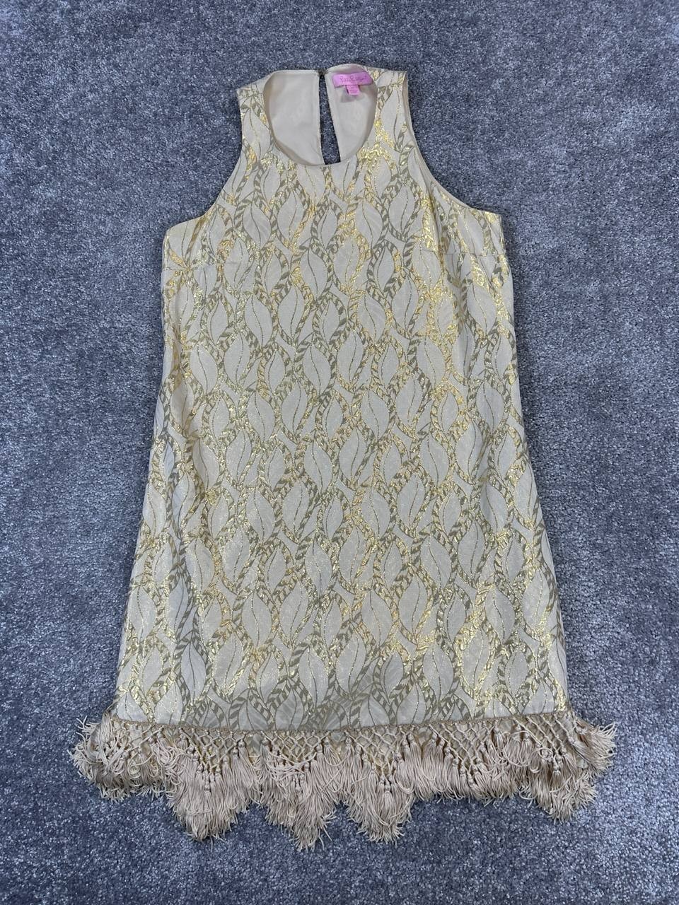 Lilly Pulitzer Dress Womens Xs Beige Gold Fringe Silk