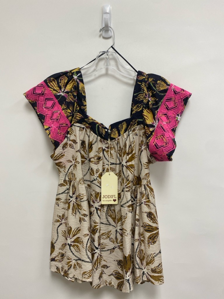 NWT Jodifl Size L Black/Gold Cream/Pink Assorted Print Bell Sleeves Ladies Top