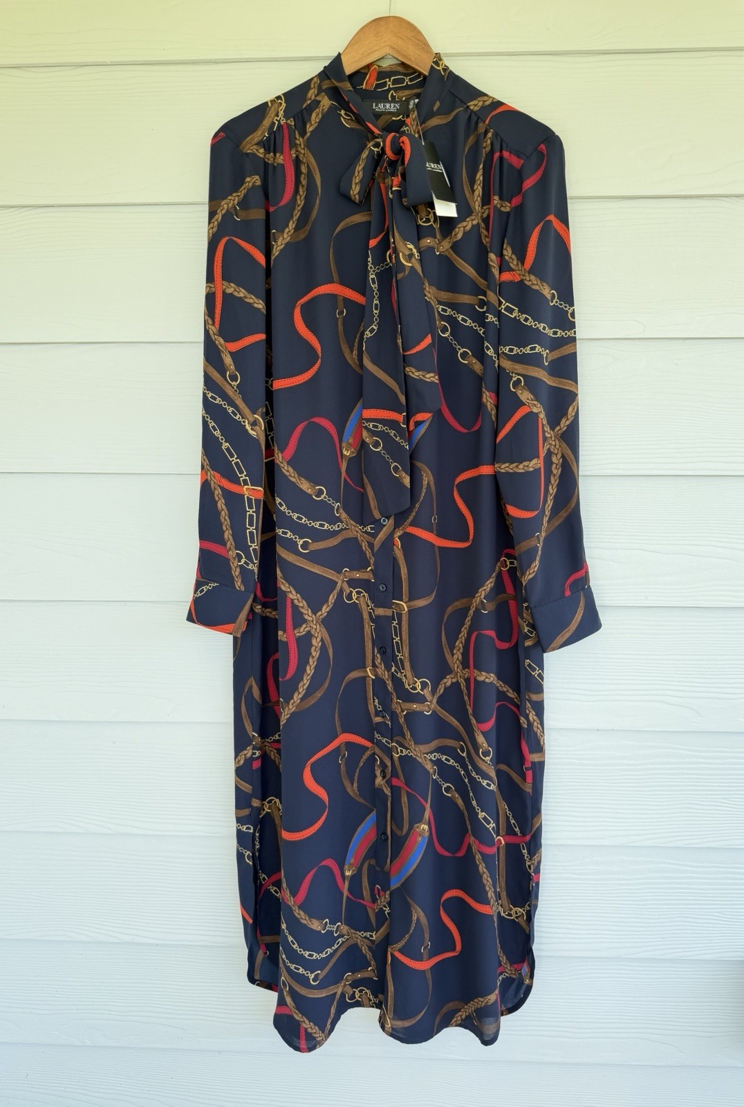 Ralph Lauren Georgette Equestrian Chain Print Tie Neck Midi Dress Navy 14 NWT
