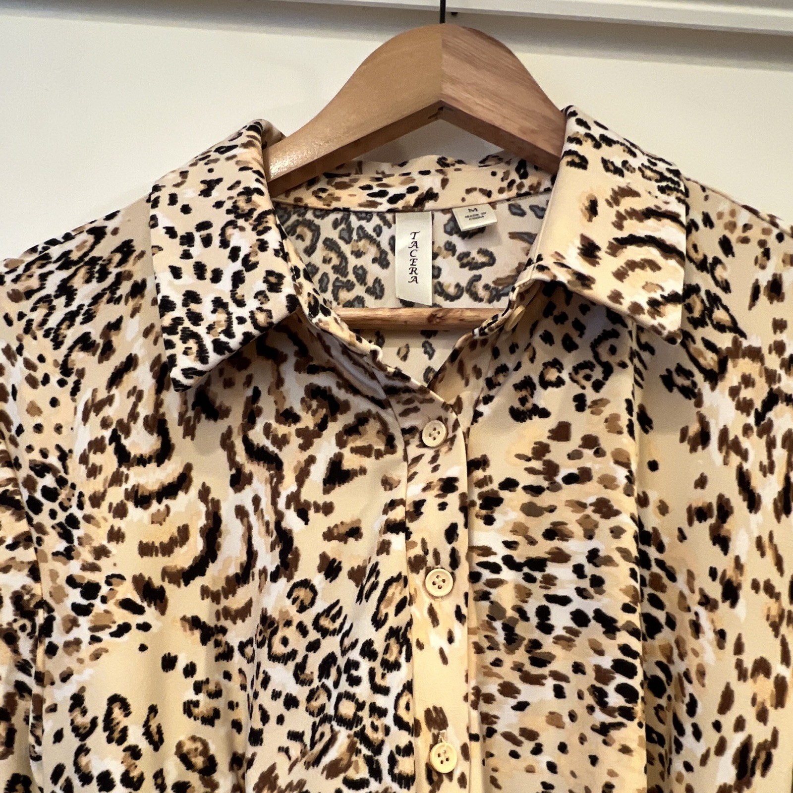 Tacera Size M Beige/Black/Brown Leopard Shirt Dress Belted Button 3/4 Sleeve