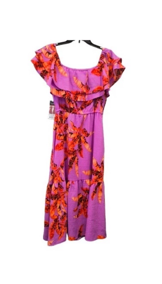NWT Sofia Vergara Purple Orange Tropical Midi Dress Off Shoulder Ruffle XL