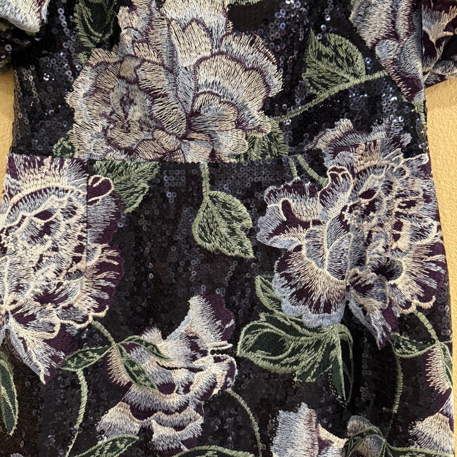 Marchesa Notte Bubble Sleeeve Sequin Floral Midi Dress 4 Women Navy Blue