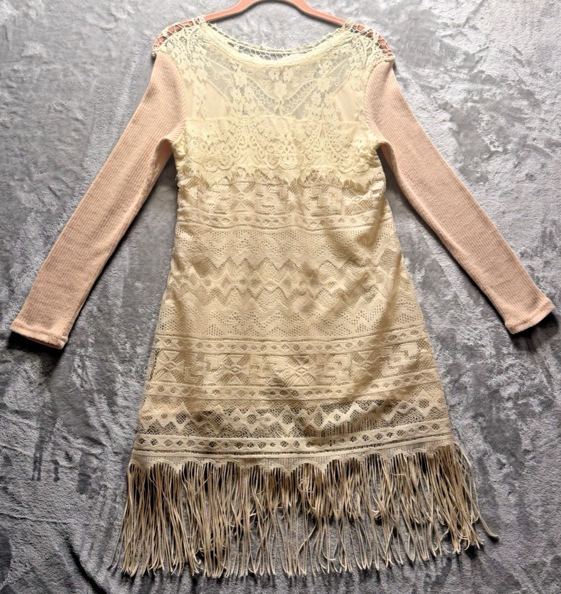 Scully Dress Womens S Beige Western Fringe Boho Crochet Lace Tunic Tribal Lined