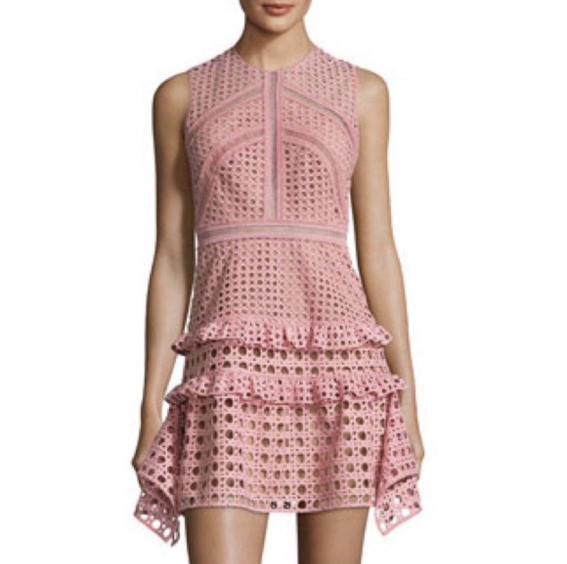 Self Portrait Crosshatch Frill Mini Dress Pink Lace Sleeveless Lined Size 2