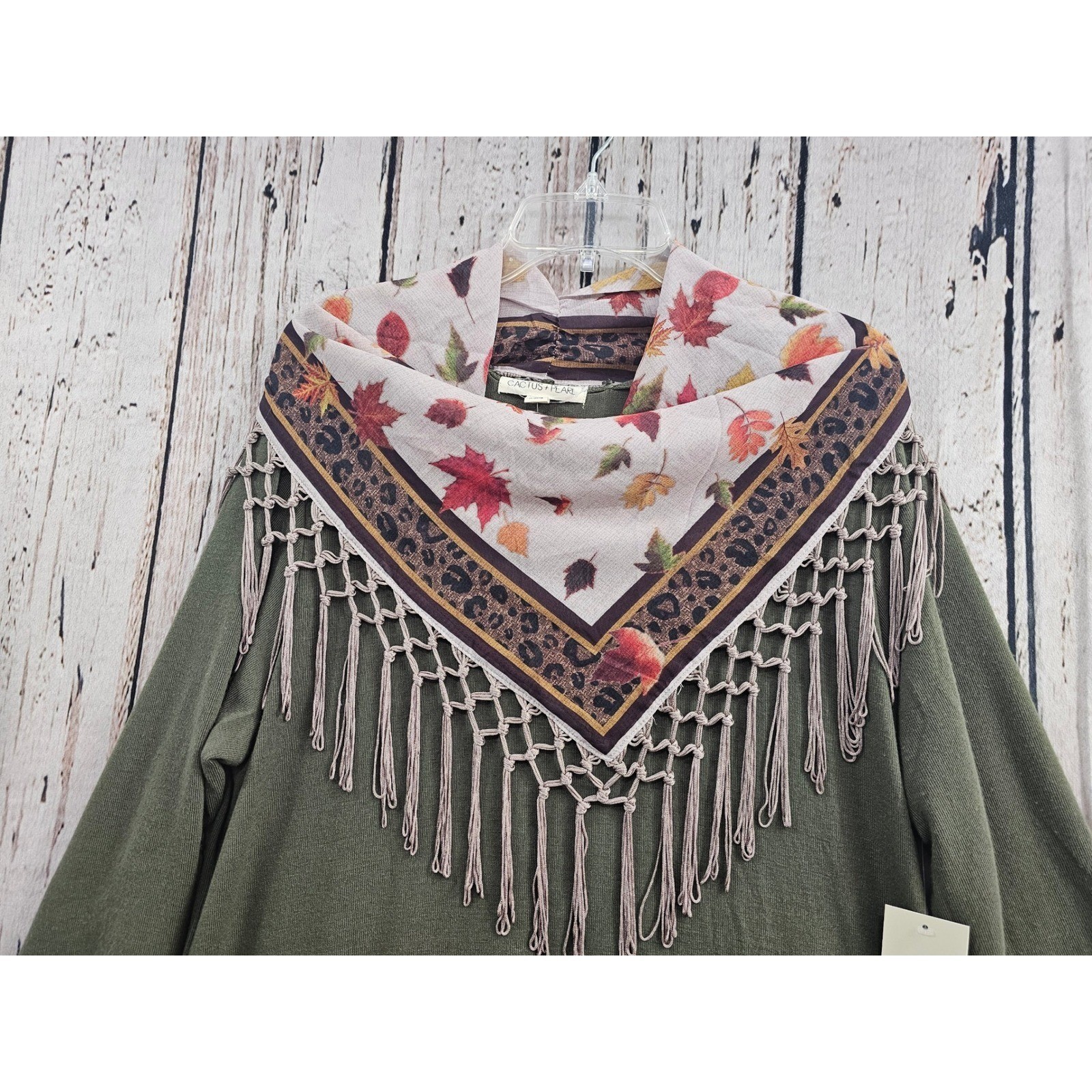 Cactus + Pearl Tunic Dress XL Olive Fall Autumn w Leaf Leopard Fringe Scarf New
