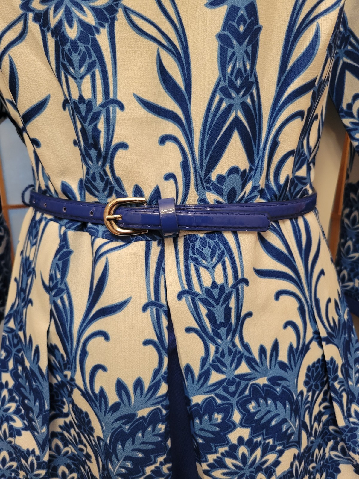 ASHRO Blue/White Floral Boat Neck 3/4 Bell Sleeve Midi A-Line Dress S/M