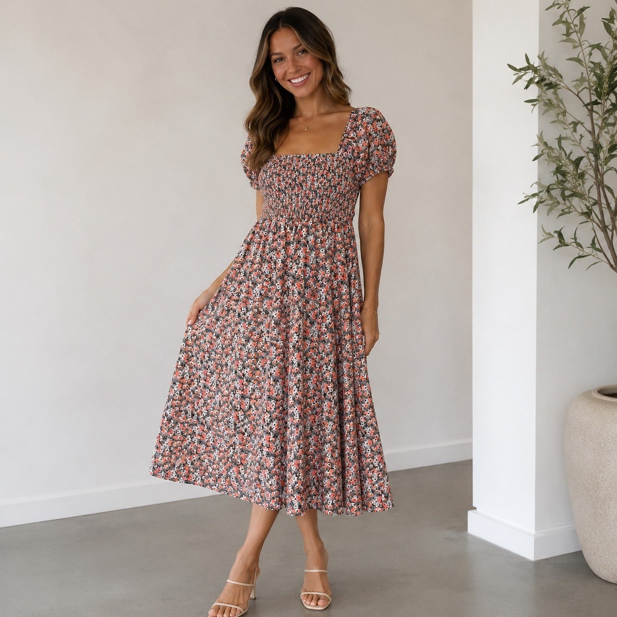Jodifl Floral Smocked Midi Dress M Pink Grey Square Neck Puff Sleeve Tie Back