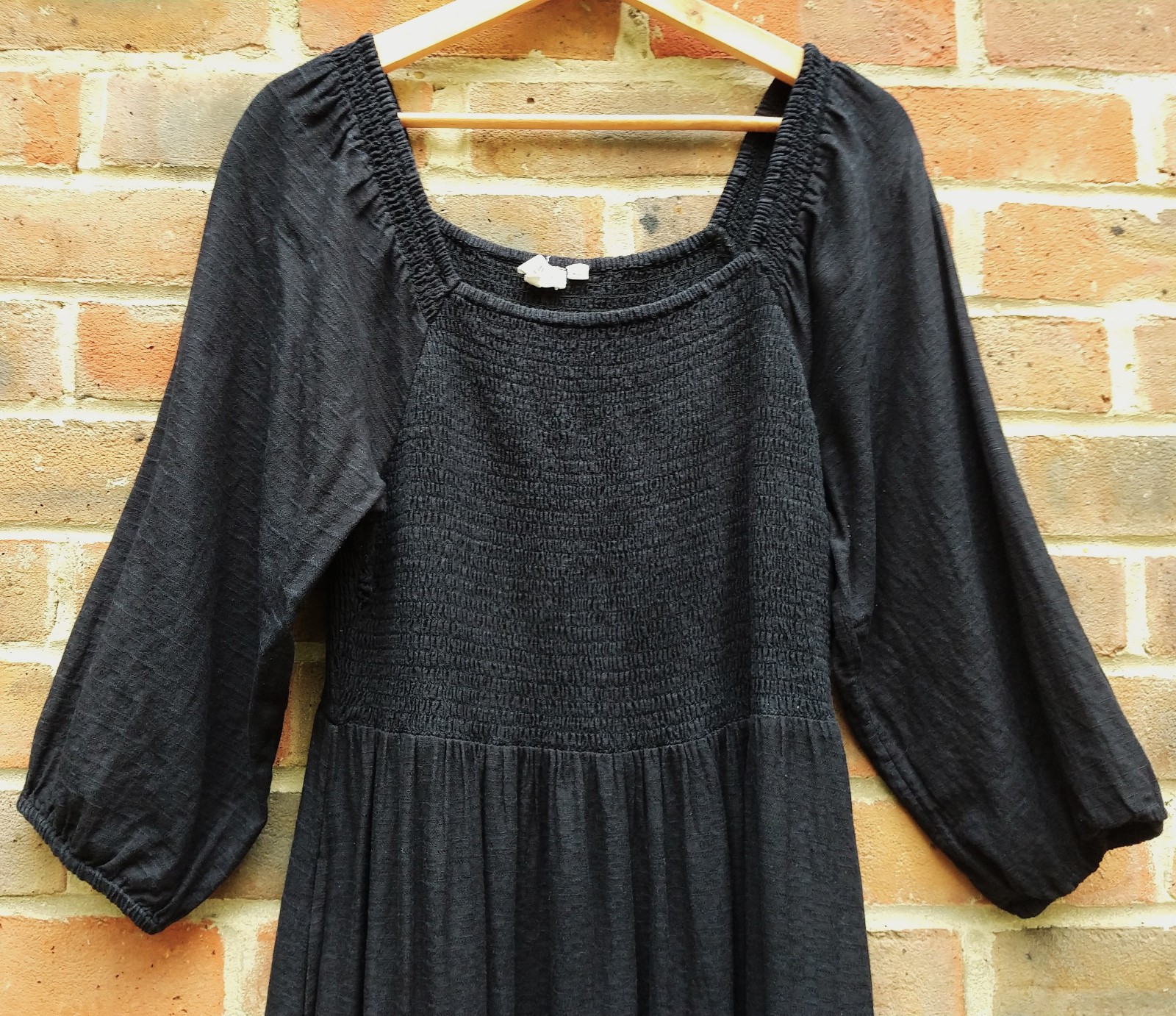 FatFace UK 14 Adele Black Cotton Linen Midi Dress Shirred Prairie RRP £69