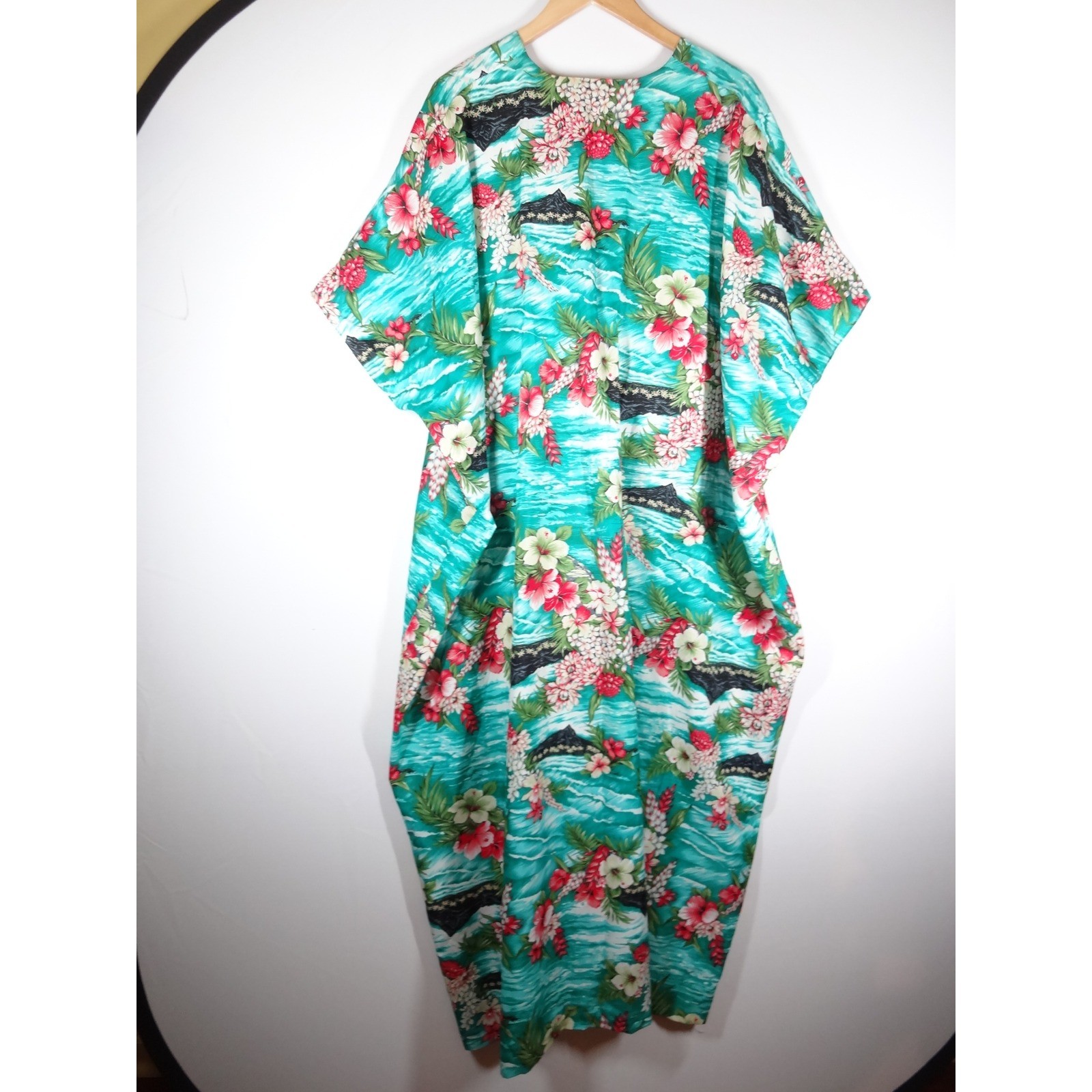 Royal Creations Hawaii Muumuu Kaftan Women One Size Teal Floral Tropical Resort