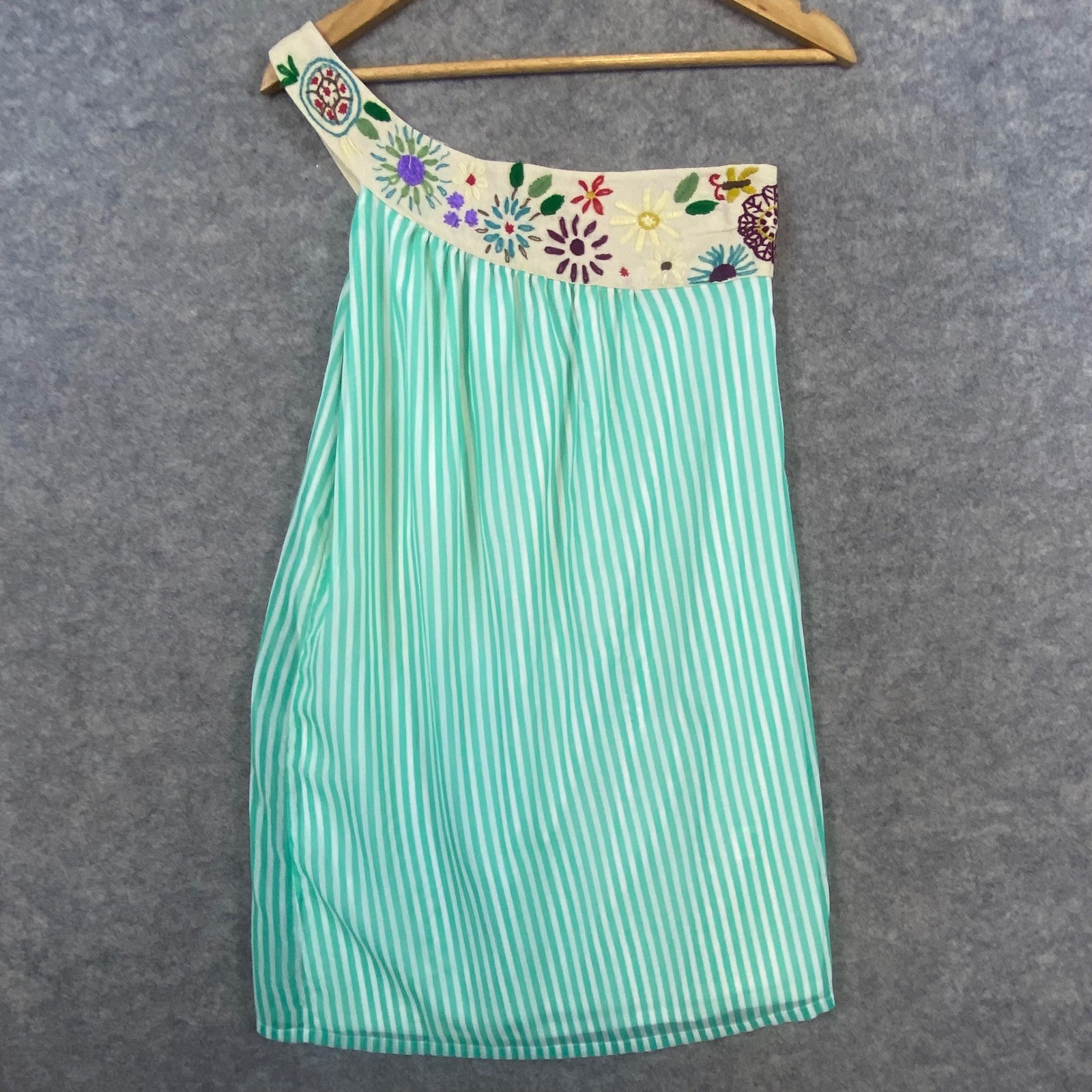 Judith March One Shoulder Dress Striped Embroidered Floral Size S Green White