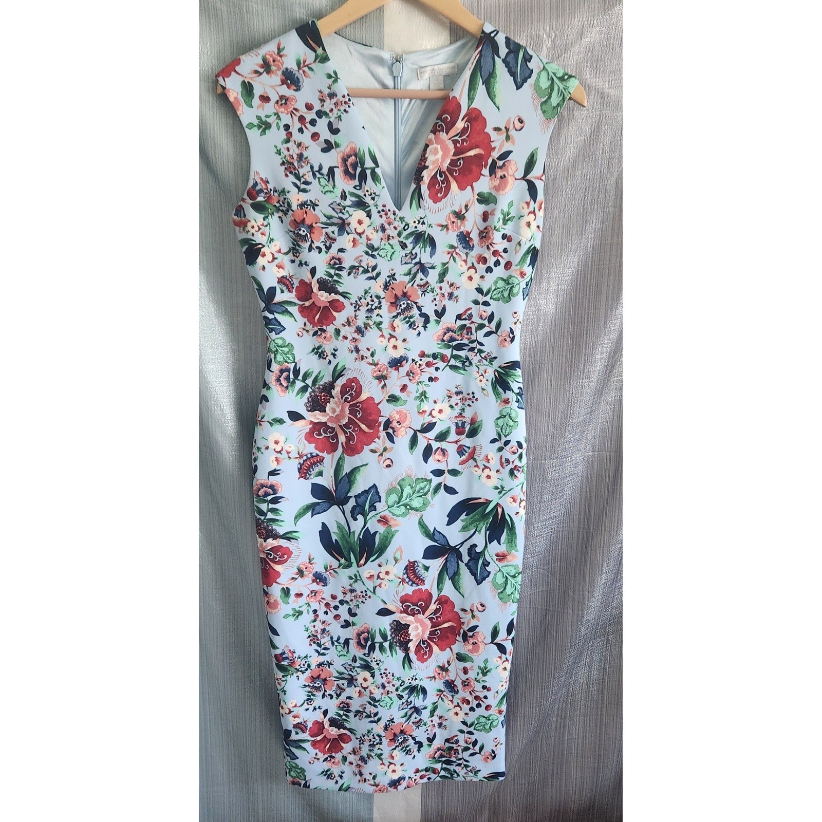New York & Company Floral Sheath Dress Blue Grandmillennial XS Garden Party Cap