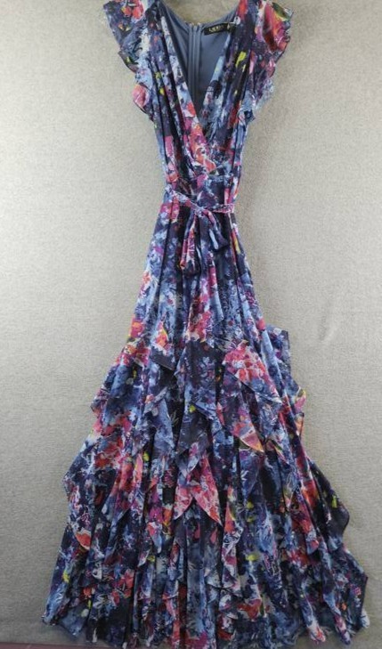 Lauren Ralph Lauren Print Ruffle-Trim Crinkle Georgette Gown Womens 4 Blue Multi