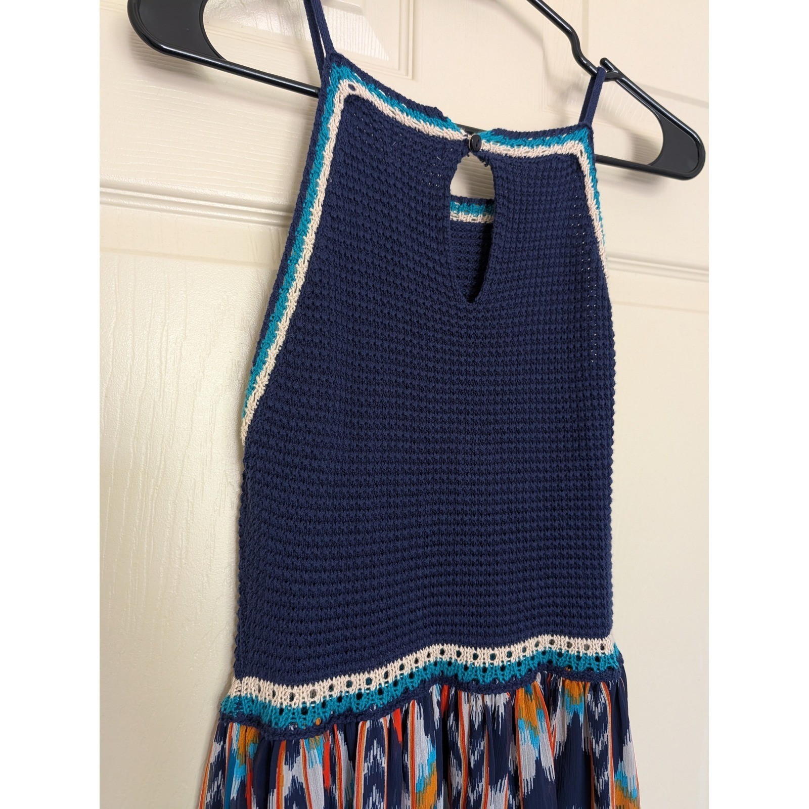 Crochet Halter Ikat Print Maxi Dress Medium Boho Summer