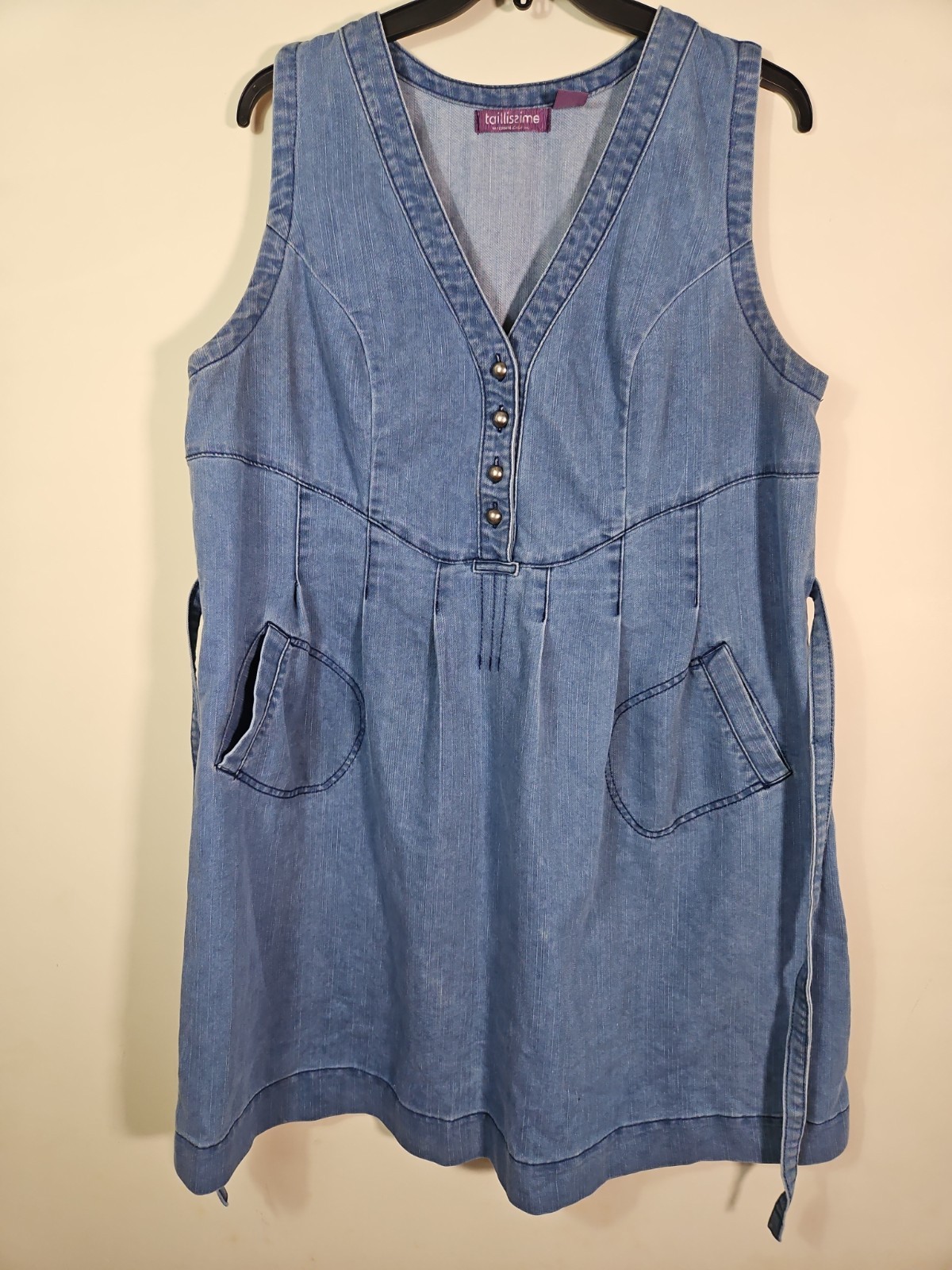 Taillissime BlueS leeveless Denim Shirt Dress Size 20W Tie Back Cotton Vintage