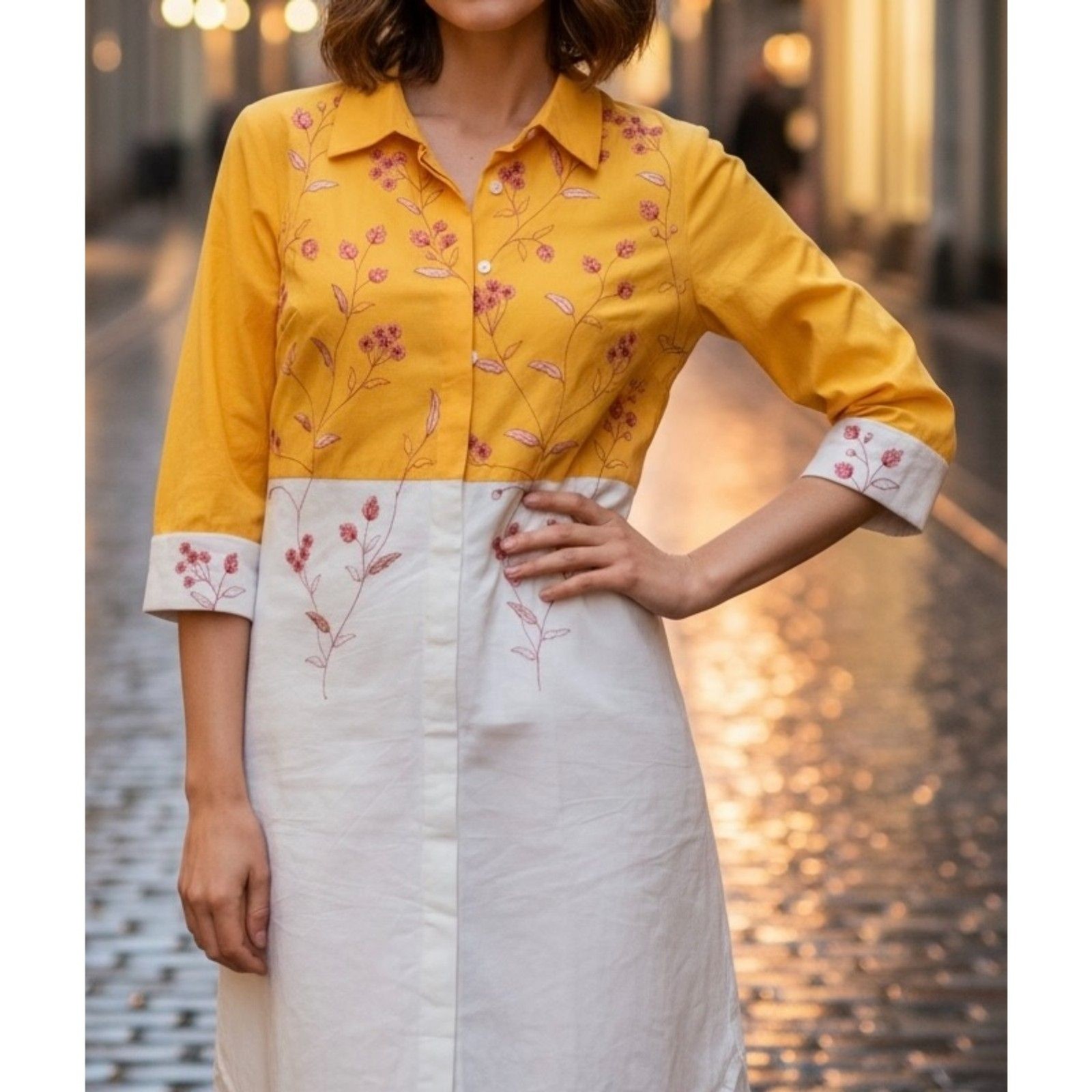 Anthropologie x Samant Chauhan Embroidered Shirt Dress Yellow White Cotton SP