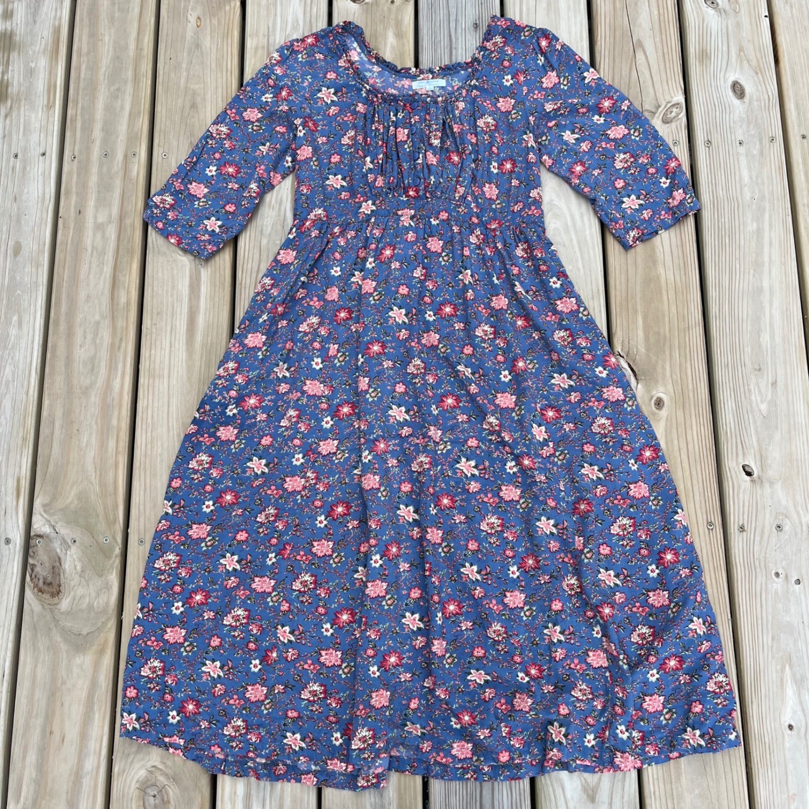 April Cornell X Modern Prairie Dress Blue Floral Midi Cottagecore Tie Waist Med