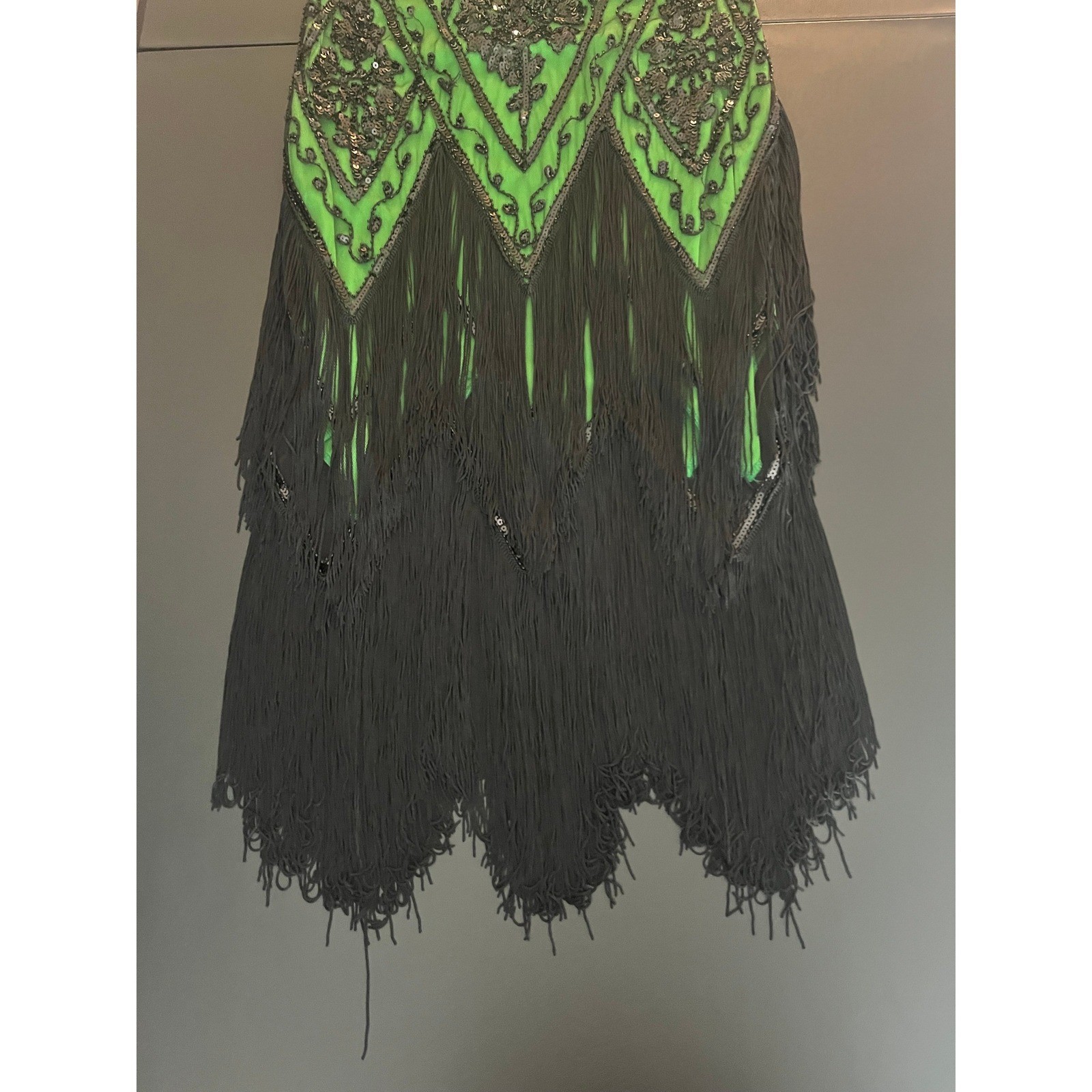 PrettyGuide Green Black Sequin Fringe Flapper Dress 1920s Gatsby Style L (1098)