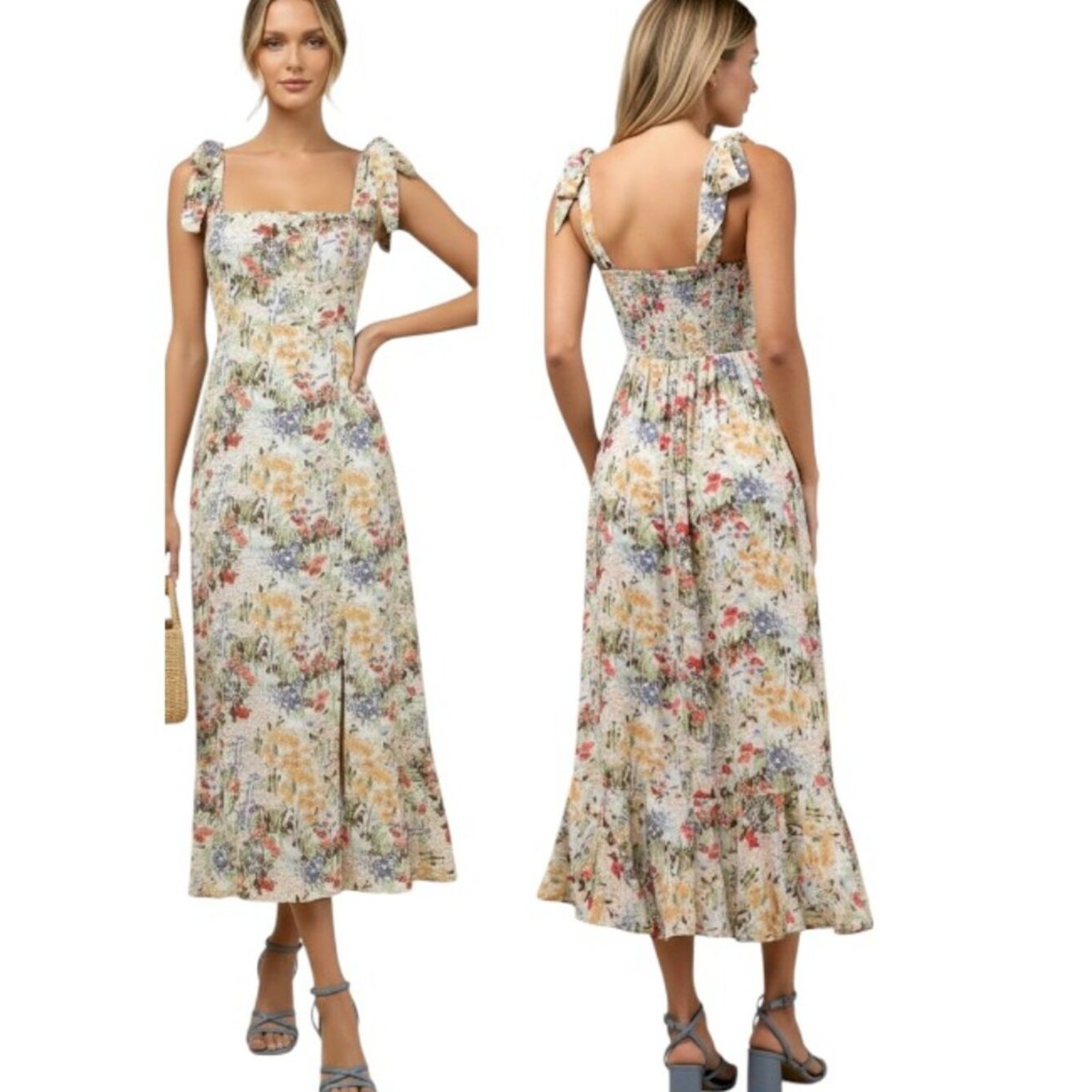 Lulus Summer Invite White Multi Floral Tie-Strap Tiered Midi Dress Small New
