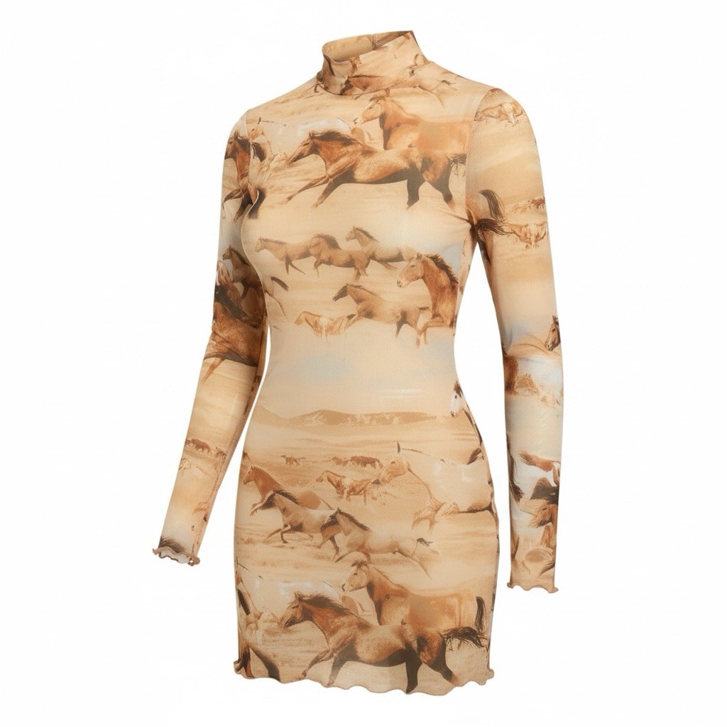 Urban Outfitters Beige Brown Horse Print Mesh Bodycon Mini Dress, Long Sleeve, L