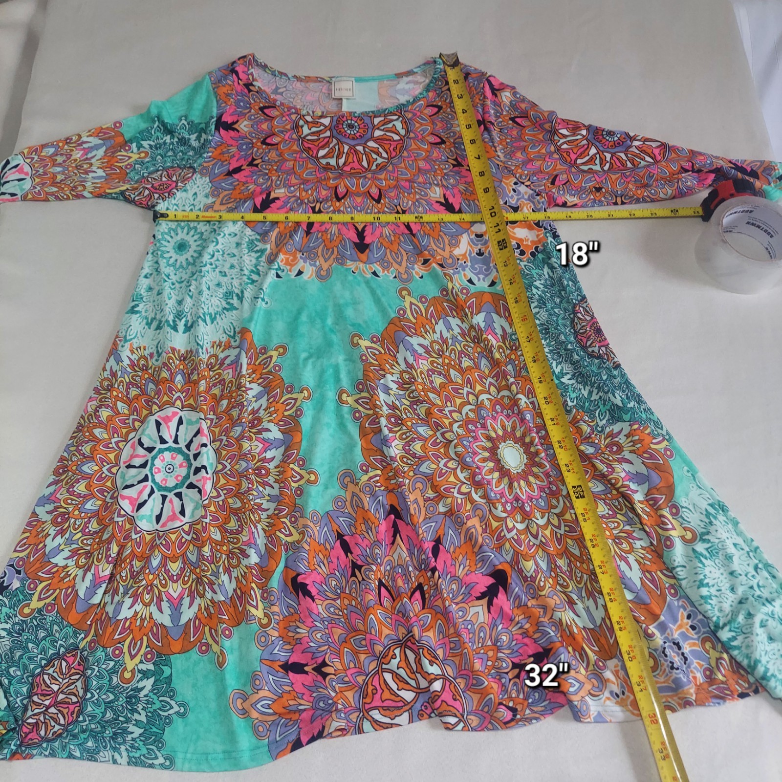 Hershe Women’s Medium 3/4 Sleeve Mandala Print Round Neck Swing Dress USA Made