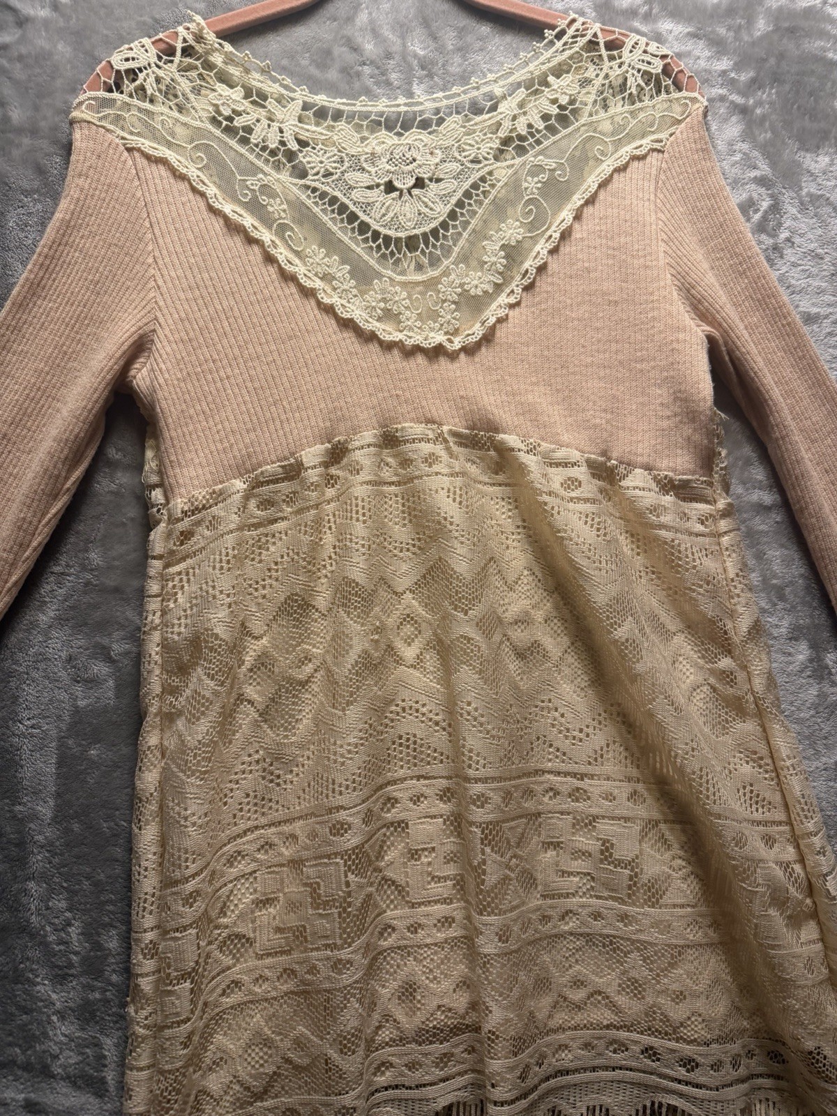 Scully Dress Womens S Beige Western Fringe Boho Crochet Lace Tunic Tribal Lined