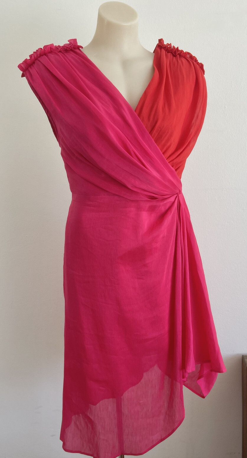 LEO LIN Silk Midi Dress Pink Red Draped Asymmetric Grecian Party Size AU 12 L