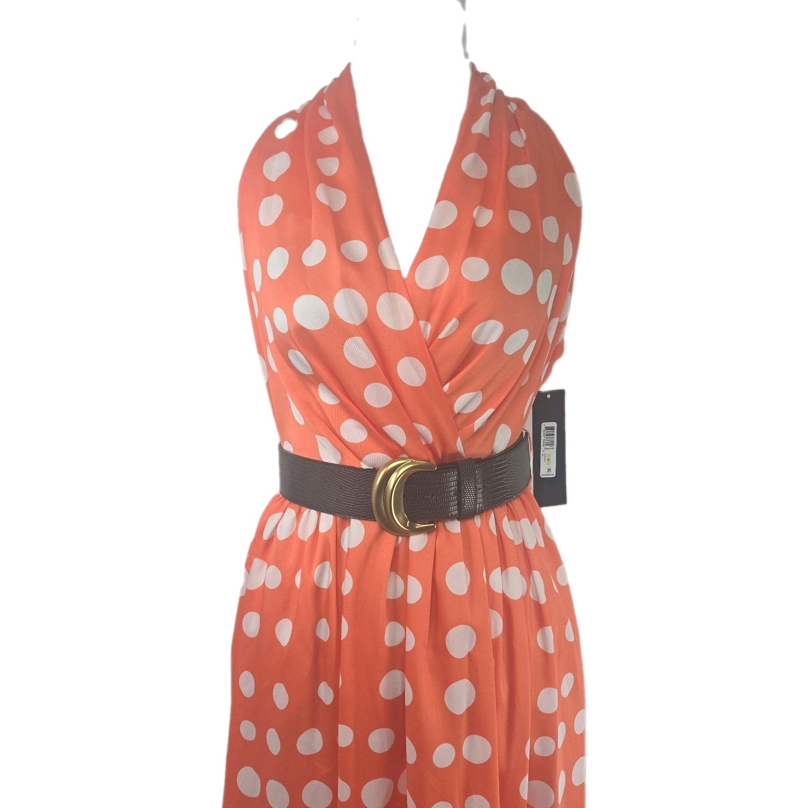 Donna Karen New York Orange Dot Print V-neck Halter Style MIDI Dress Size 4 NWT