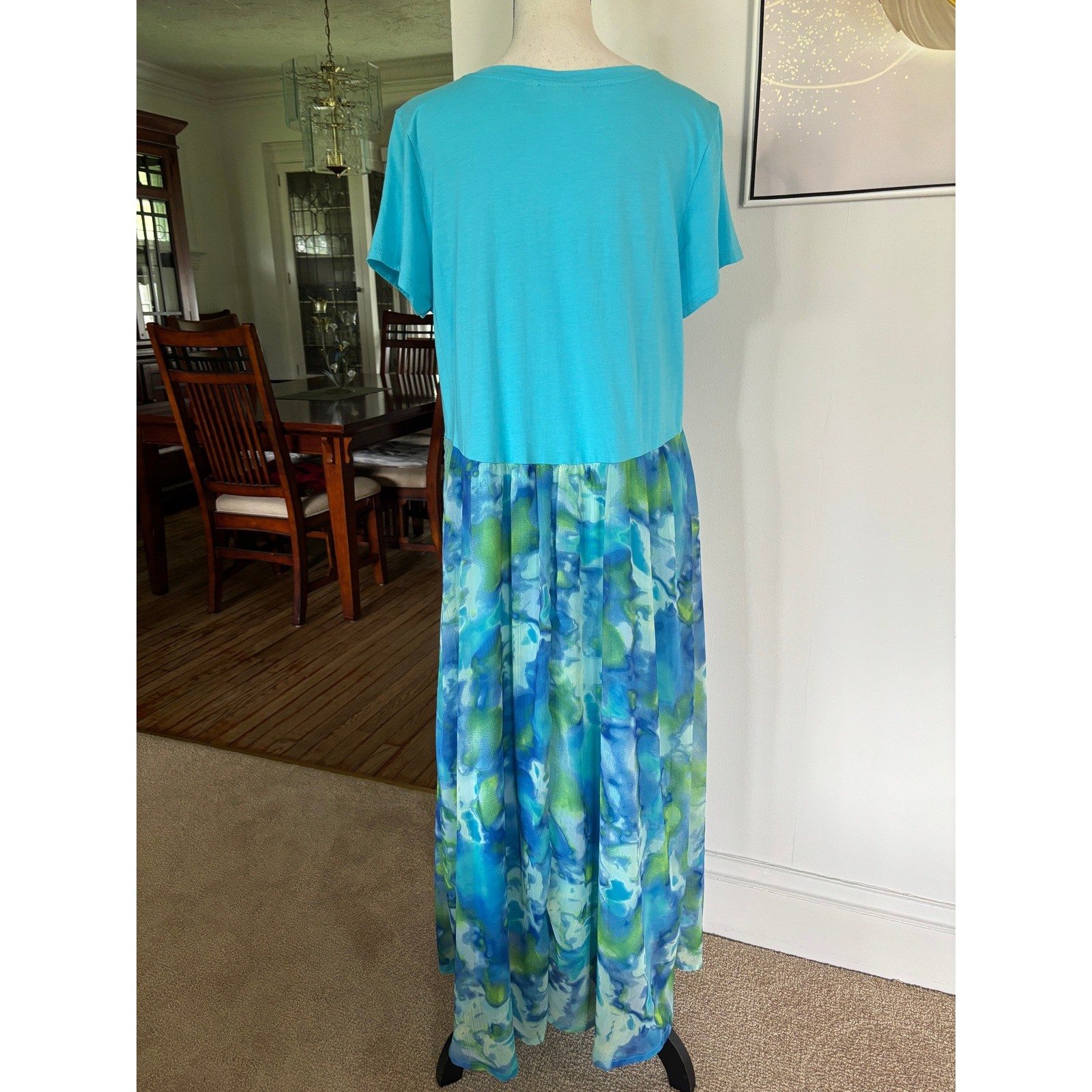 LOGO by Lori Goldstein Turquoise Watercolor Mixed Media Maxi Dress Sz M