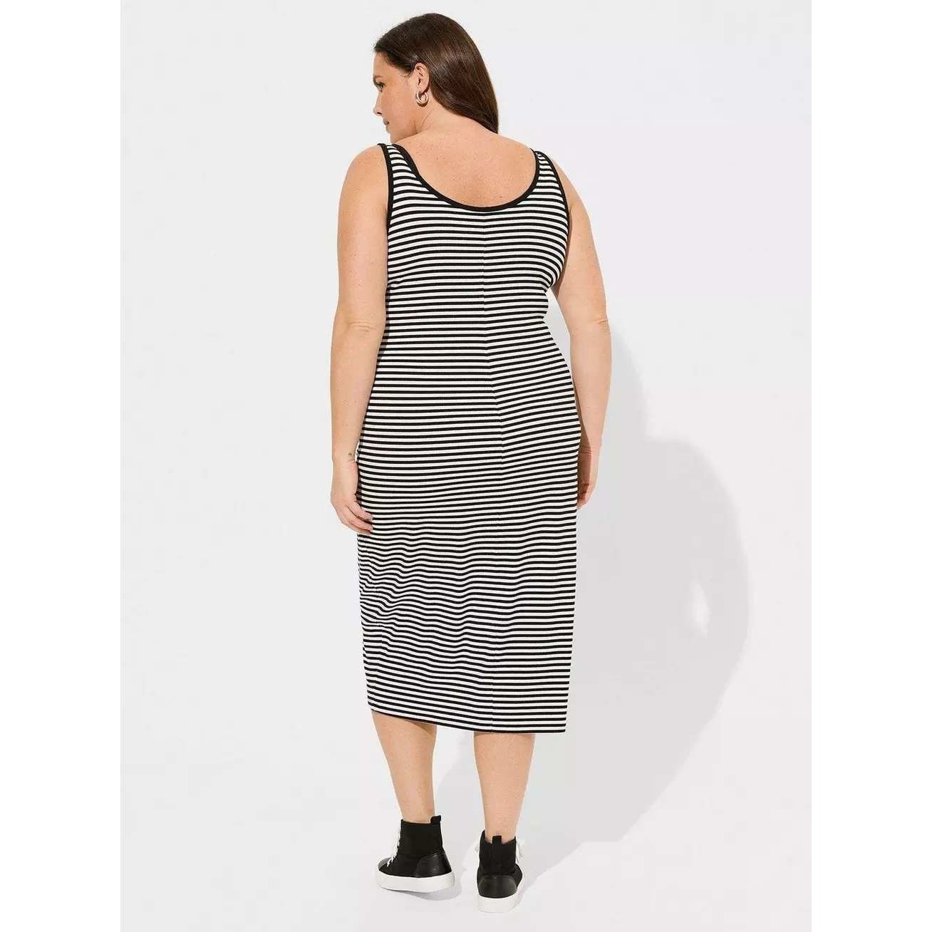 Torrid Black White Striped Ribbed Hook Eye Front Midi Bodycon Tank Dress Womens