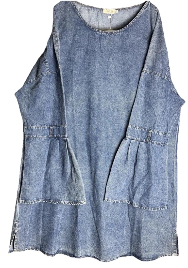 Ursime Denim 4XL Indigo Blue Bell Sleeve Retro Tunic Chambray Acid Wash Dress