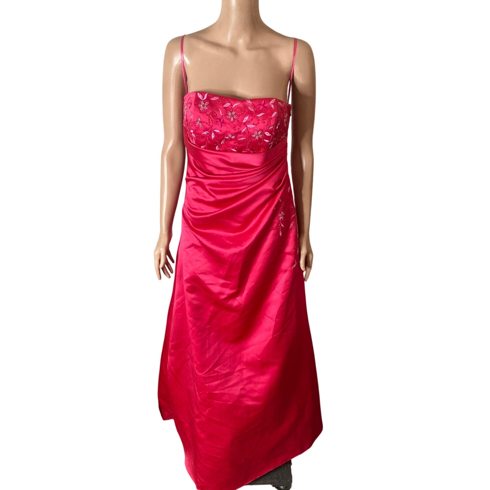 Vintage Y2K MY Fashion Pink Strapless Prom Gown Ruched Satin Evening Dress Sz 6