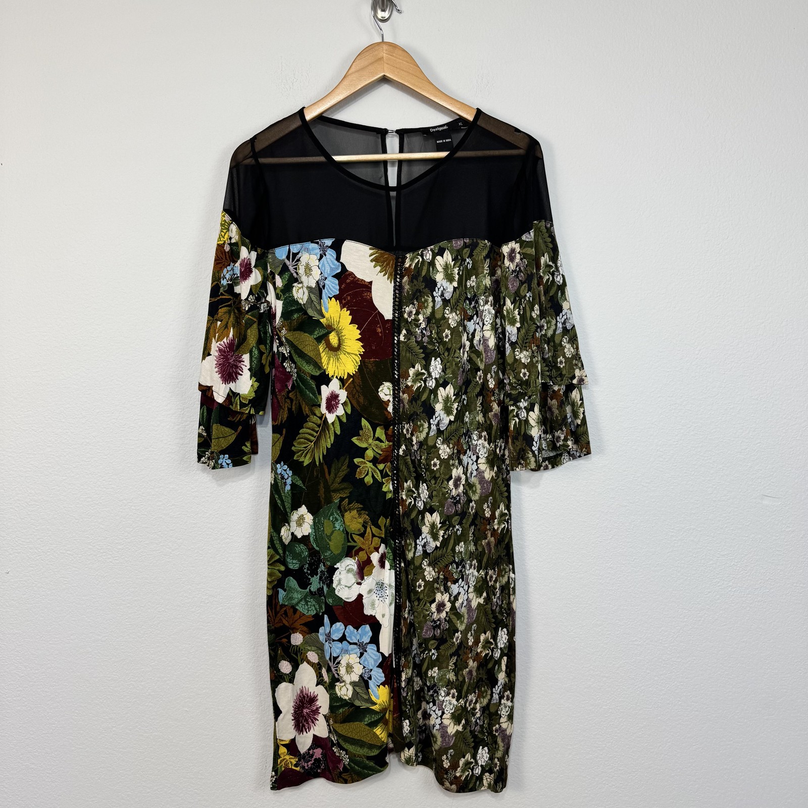 Desigual Dress Womens XL Multicolor Floral Shift Mesh Bell Sleeve Knee Length