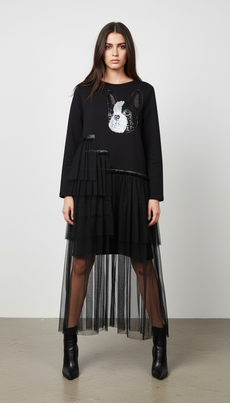 Souchi New With Tag Avant Garde Dress French Bulldog Sequin Tulle High Low Sz L