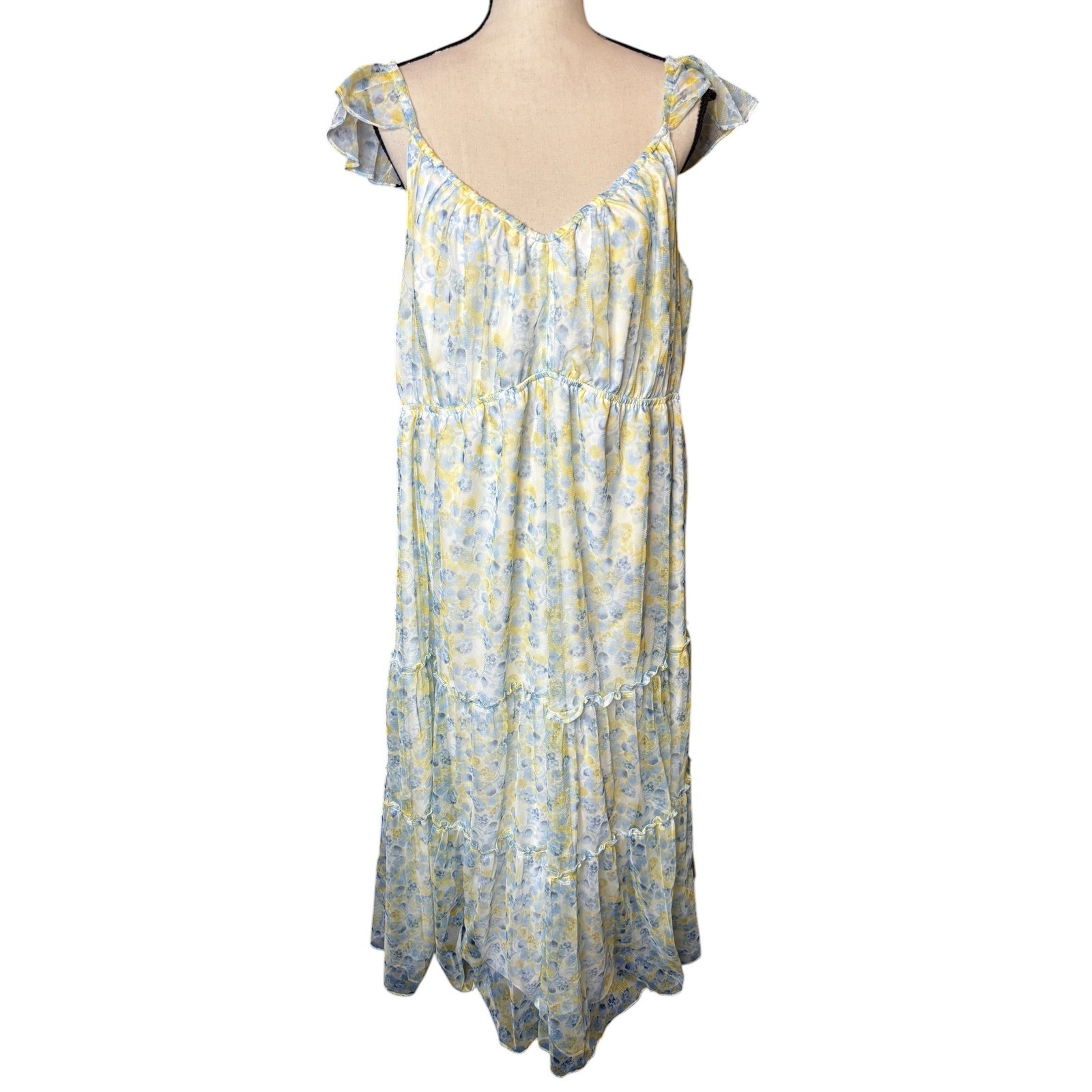 Isabel by Ingrid & Isabel Maternity Dress XXL Blue Yellow Floral Tiered Midi