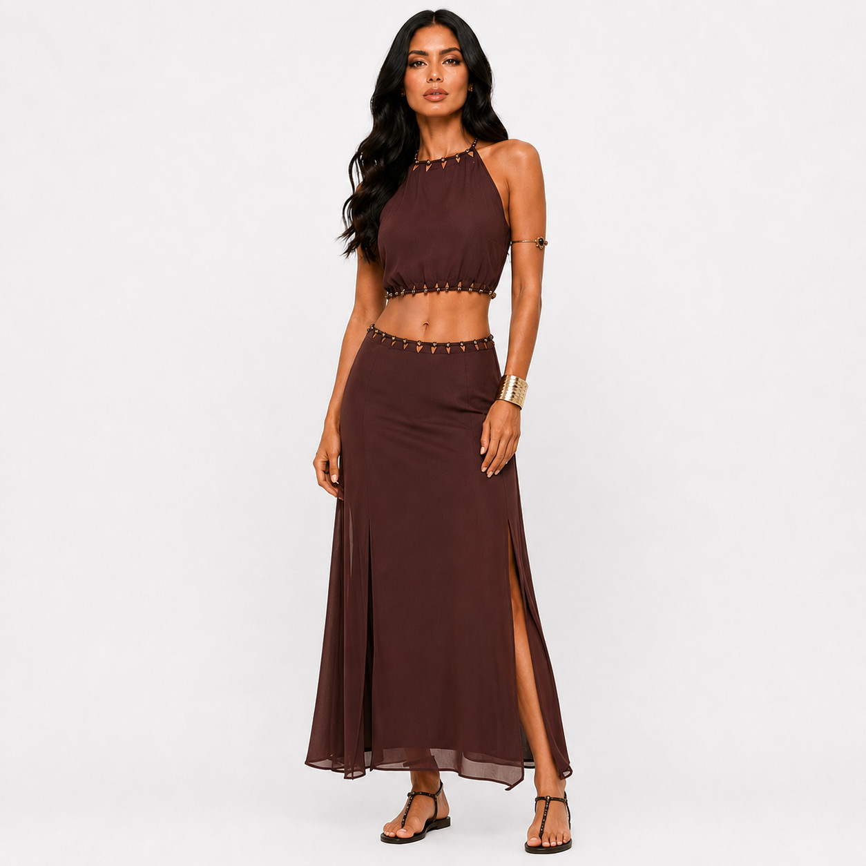 ASOS DESIGN Beaded Cut Out Maxi Skirt Co Ord Set Brown UK 10 EU 38 BNWT