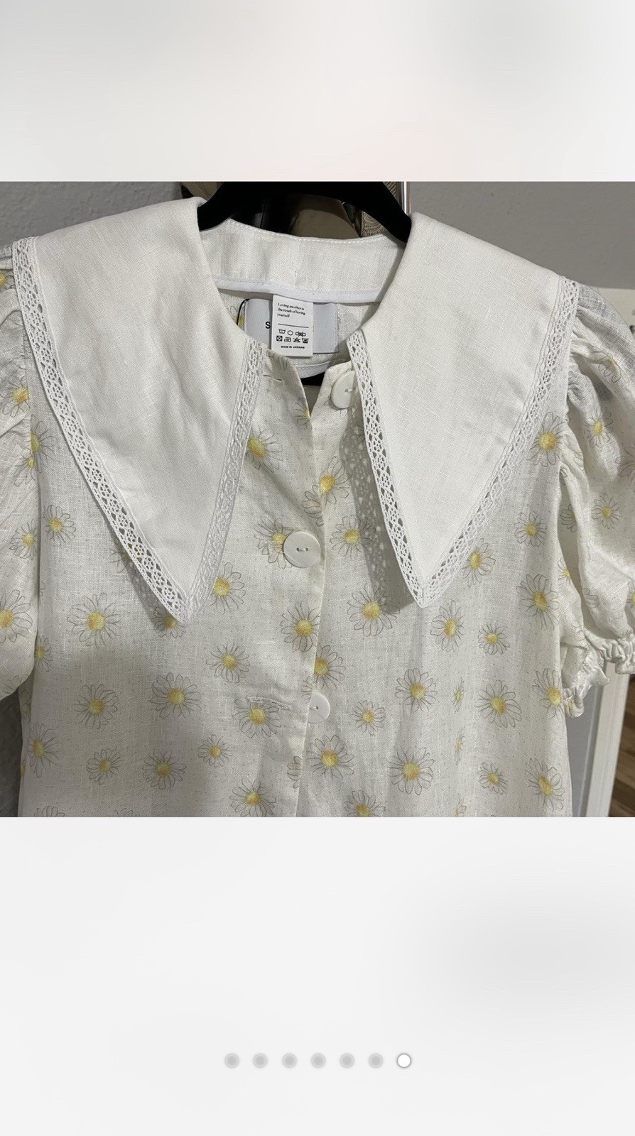 Sleeper Daisy Print White/Cream Button Down Collared Linen Dress size L.