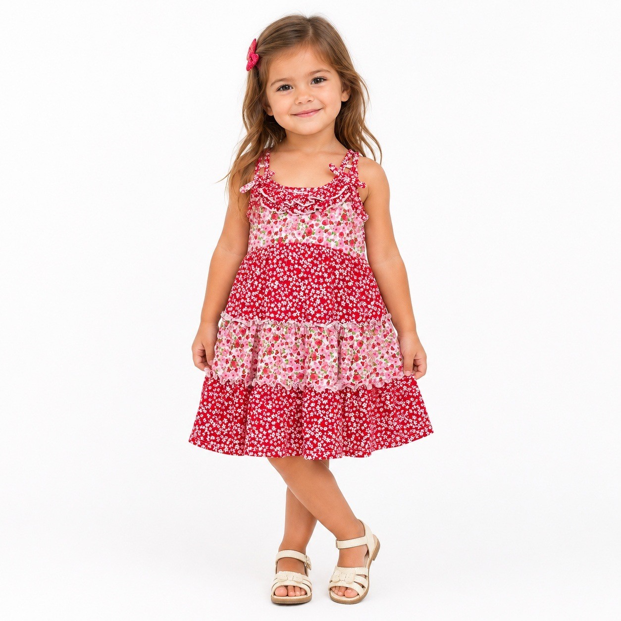 2. Jona Michelle Dress Girls 3T Pink Red Floral Tiered Ruffle Sundress Party