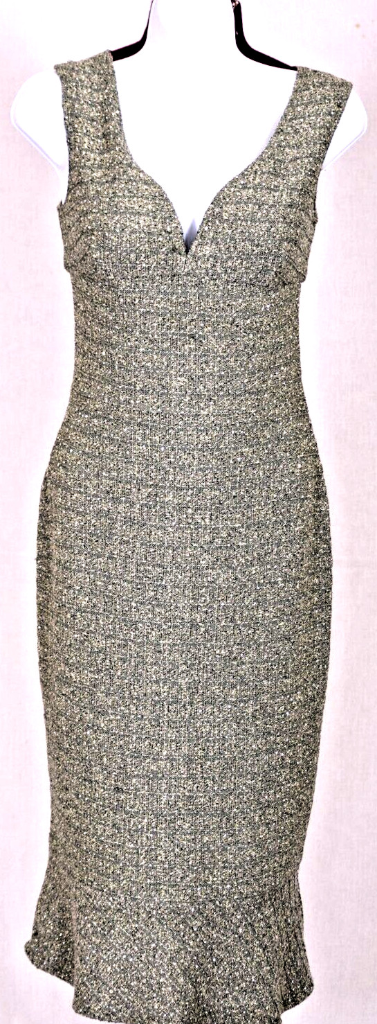 ST JOHN Women’s Tweed Green Metallic Silver Studs Throughout Shimmer Dress Sz 2