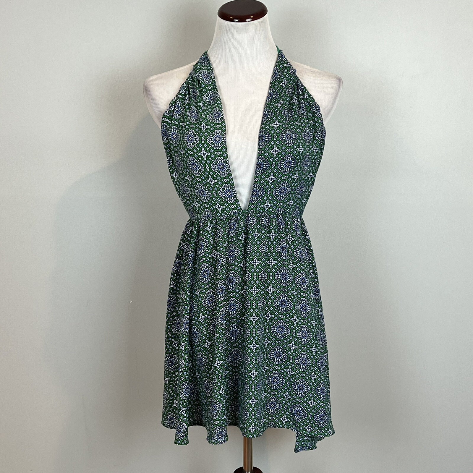 OLIVACEOUS Womens Size Medium Dress Open Back Plunge Green Medallion Mini NWT
