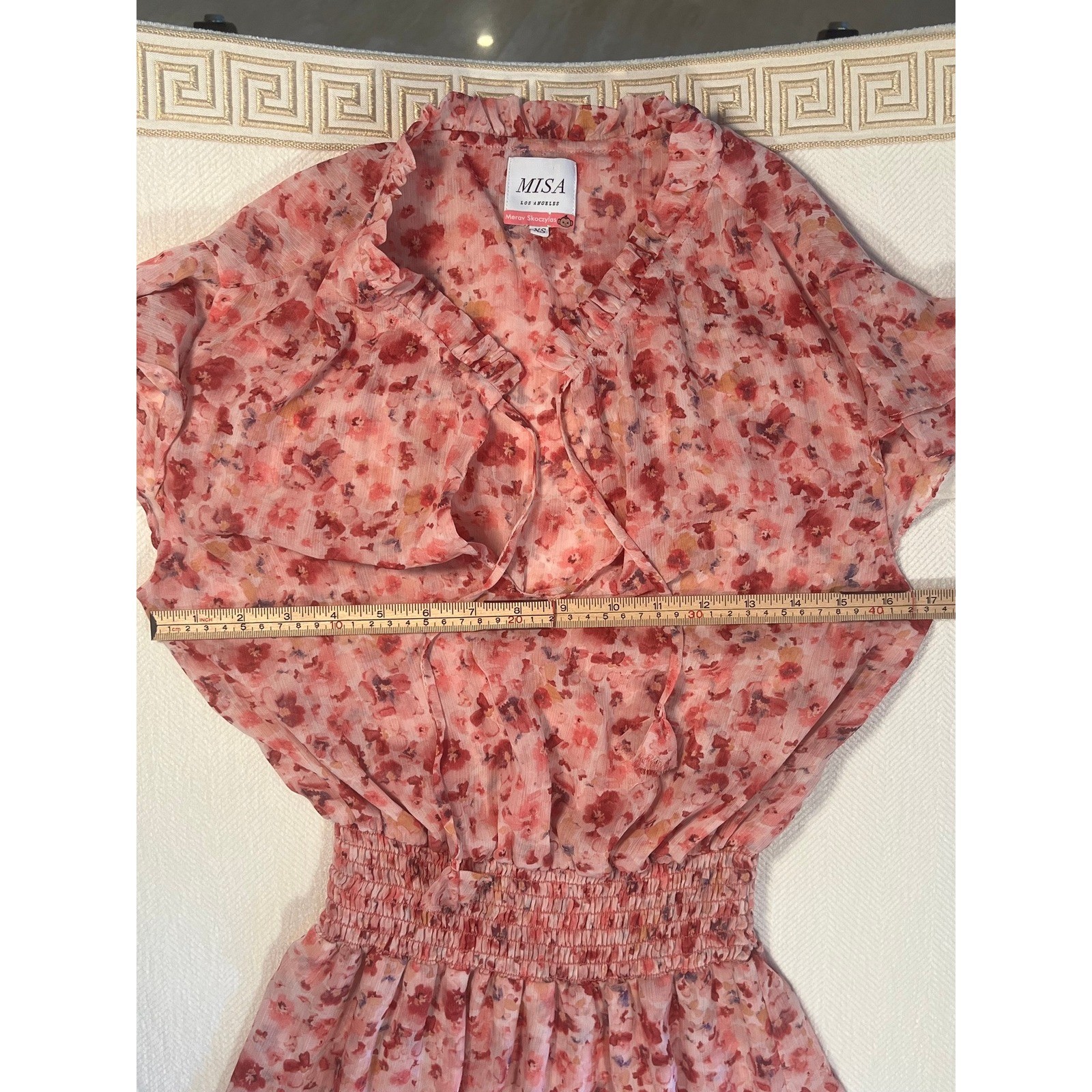 MISA Los Angeles Pink Floral Chiffon Smocked Mini Dress Ruffle Flutter Sleeve XS