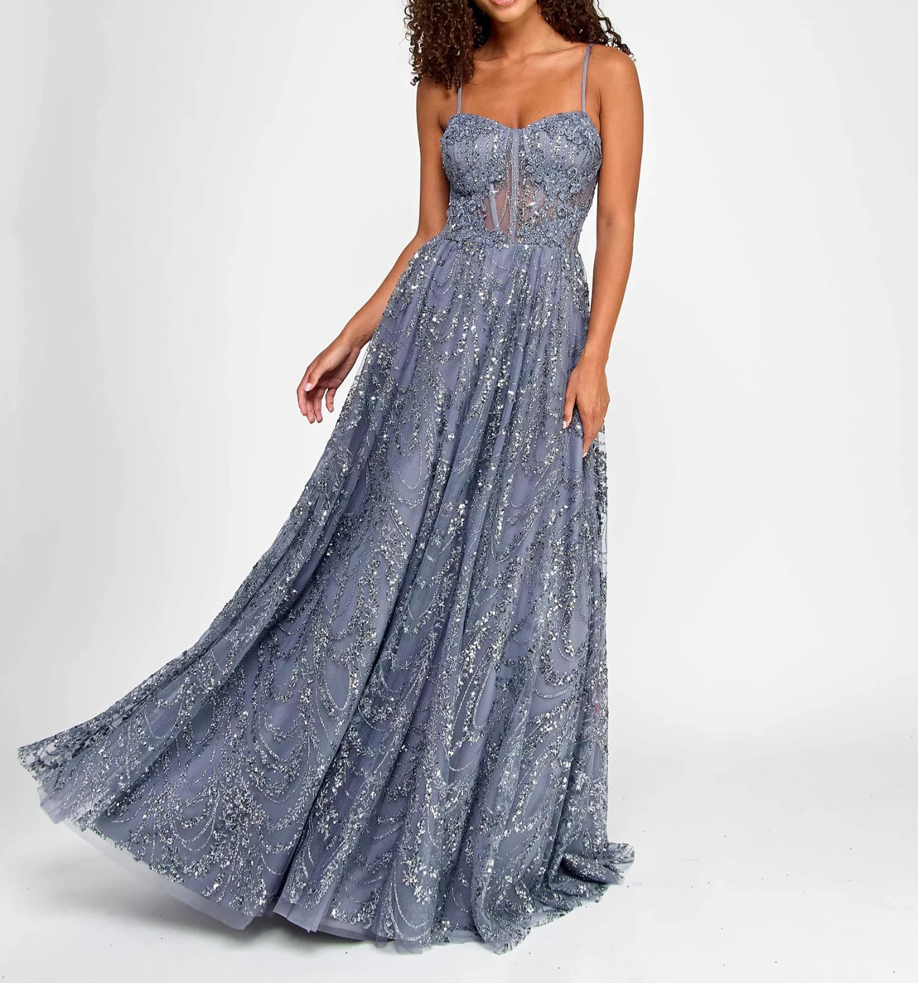 City Studios Juniors Glitter Sequin Mesh Ball Gown Size 7/8 Gunmetal Silver Gray