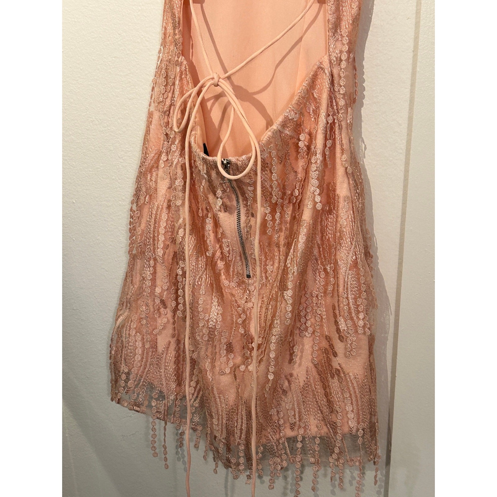 EUC- Lulus Making Magic Blush Pink Fringe Lace-Up Mini Dress SZ S – Retail $70