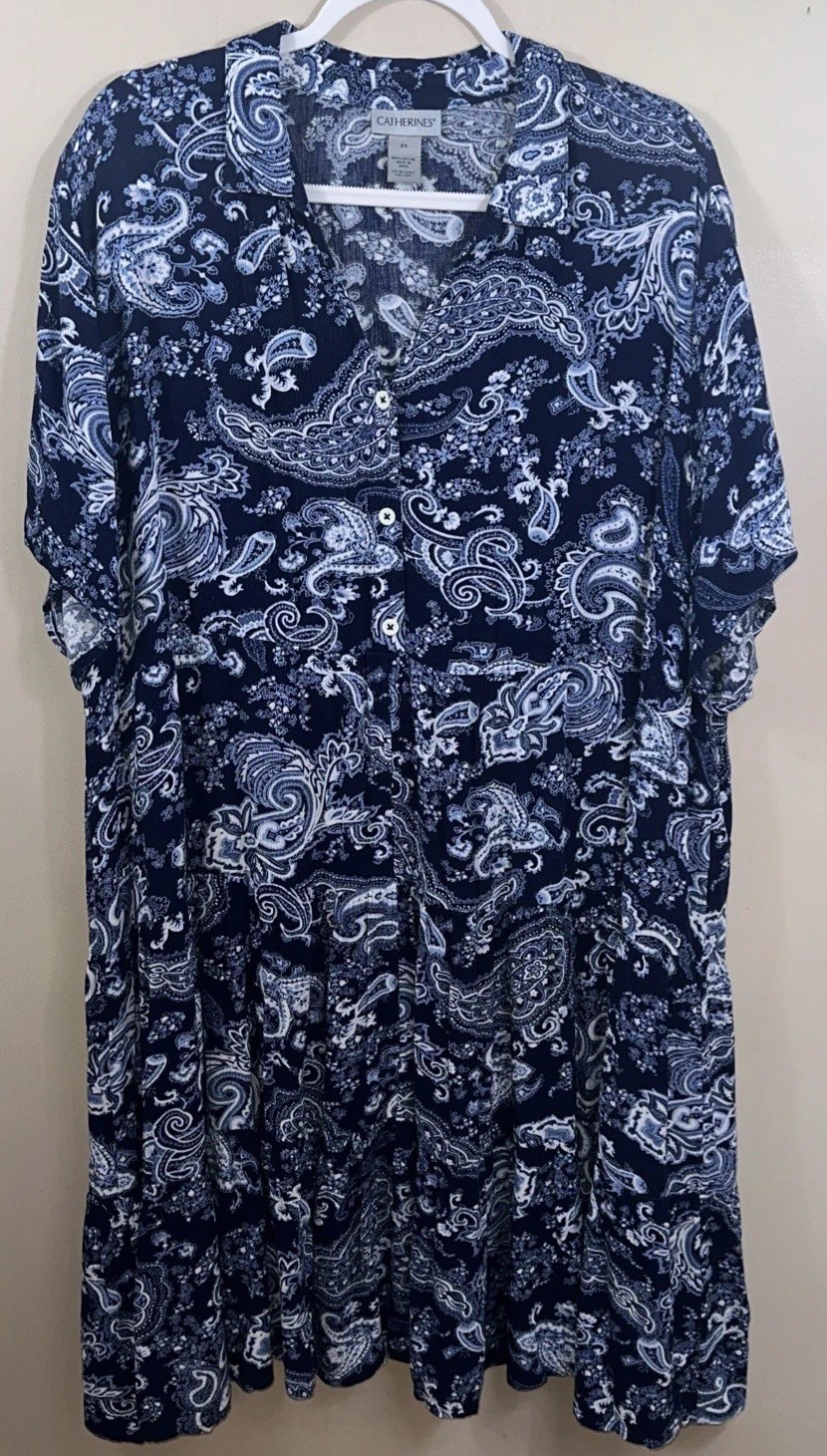 Catherines Plus Size 2X 22 24W Blue Shift Paisley Pleated Waist down Midi Dress