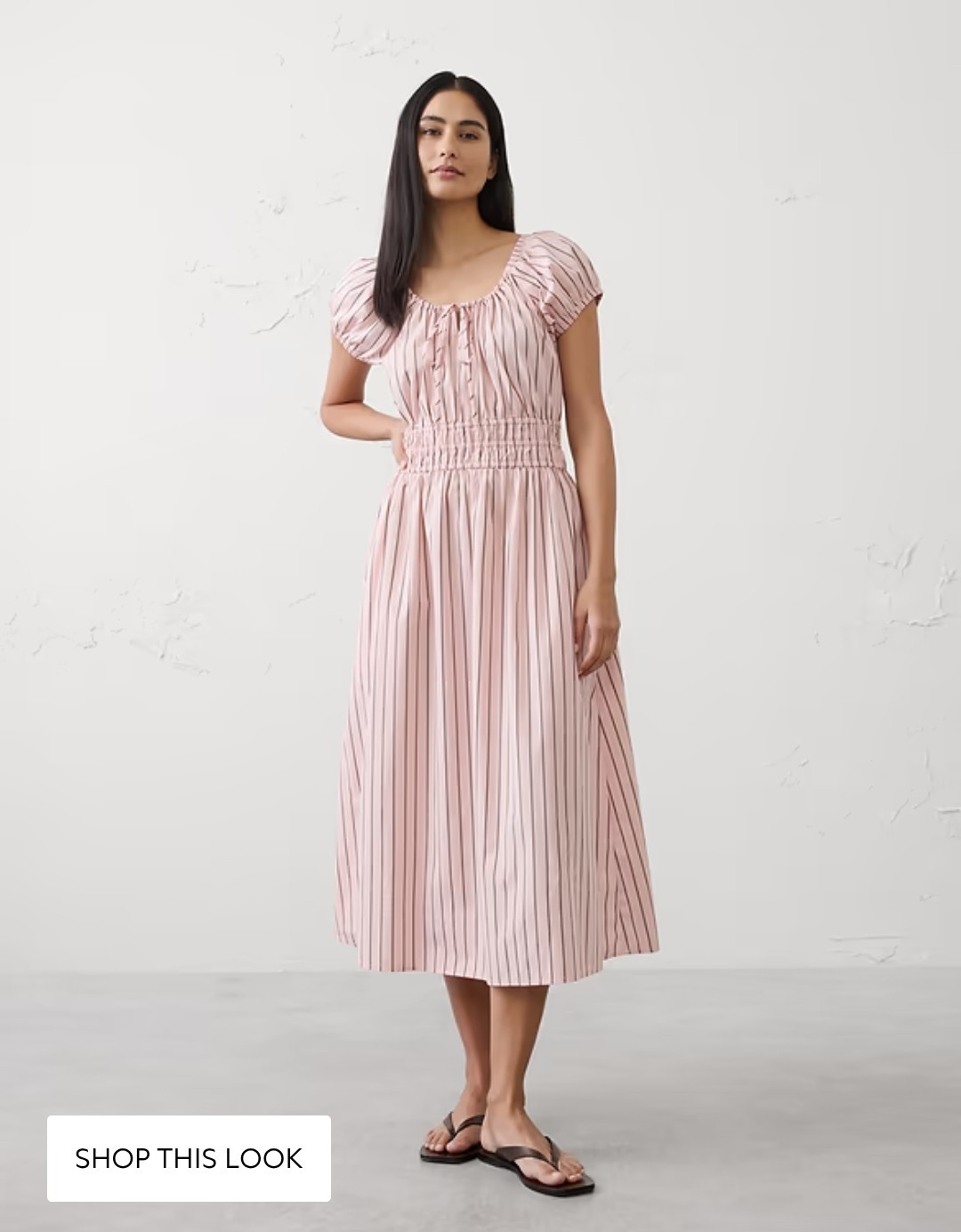 NWT Banana Republic Factory Pink Stripe Poplin Gathered-Neck Midi Dress Size L