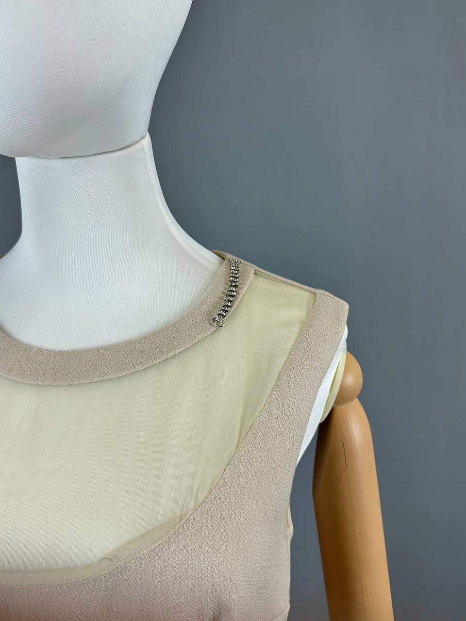 Prada Milano Beige Wool Silk Sleeveless A-Line Pencil Midi Dress Size IT 44
