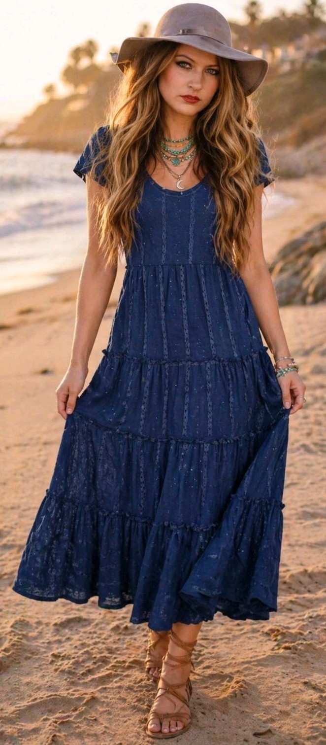 Soft Surroundings Tiered Blue Maxi Dress Women’s S Kara Shimmer Sequin Cowgirl